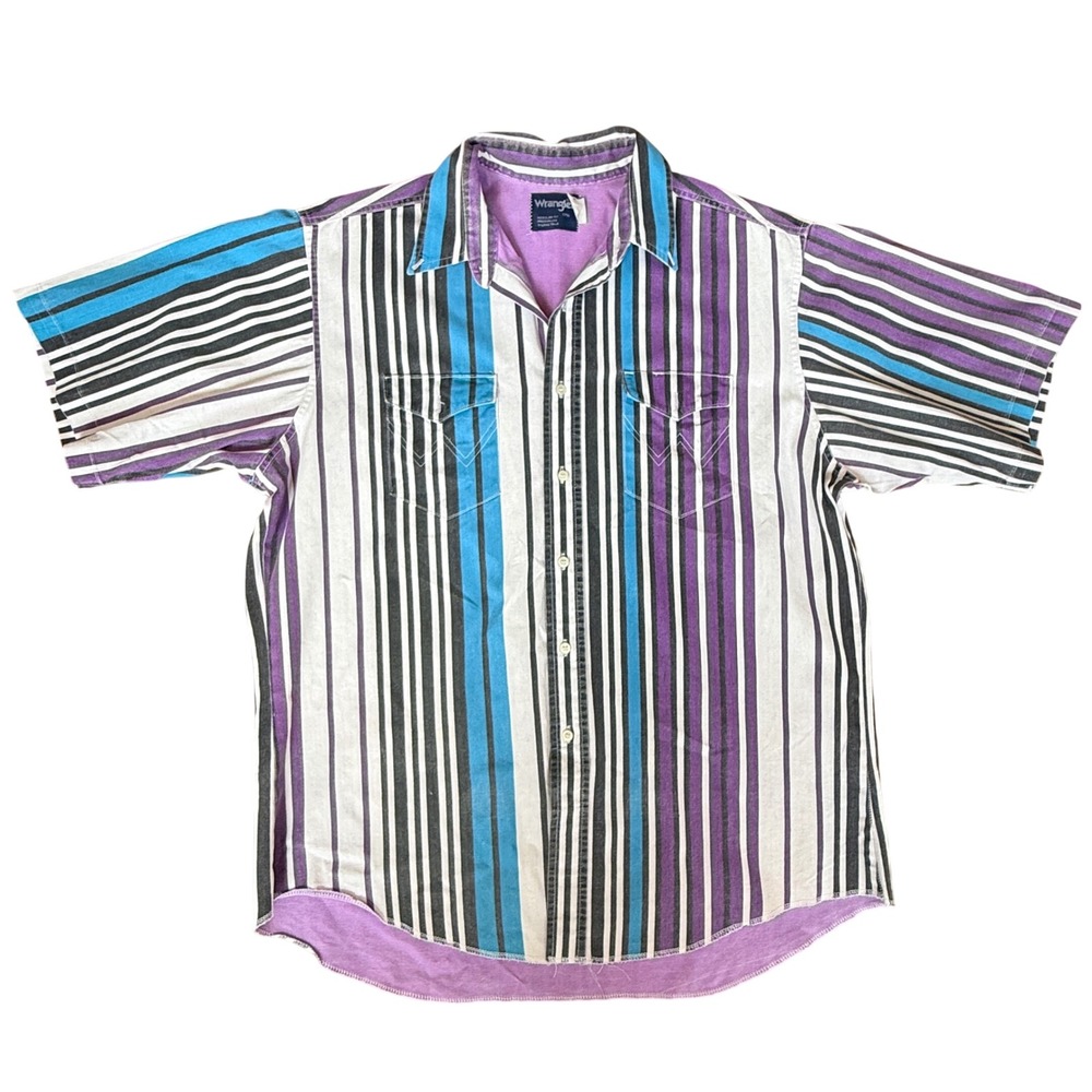 Wrangler Men's Vintage Western Shirt Brushpopper Striped Short Sleeve 17.5 Large